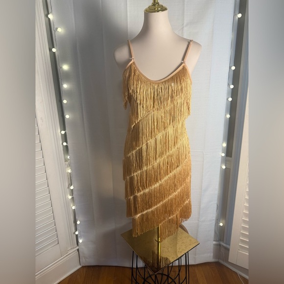Gold Sheath Midi Dress with Spaghetti Straps - Picture 1 of 9